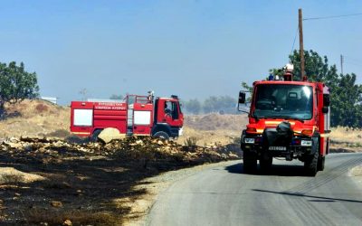 Strong fire fighting forces try to extinguish the fire at Kalo Chorio Firing Range