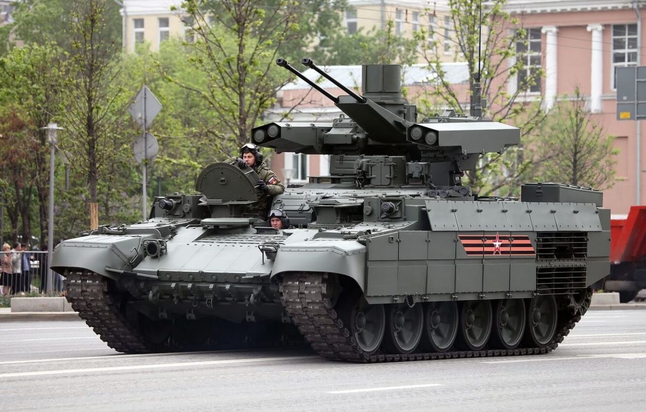 Russian Tank Support Fighting Vehicle BMPT-72. Exhibition in